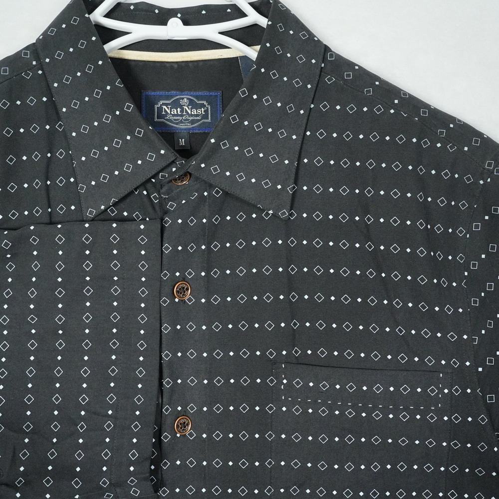 Nat Nast Mens Silk Button Down Shirt Black Geometric Diamond S5P16T Size M
